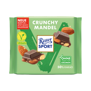 Ritter Sport Crunchy Mandel, vegan, 100g Produktbild, Vorderseite der Verpackung